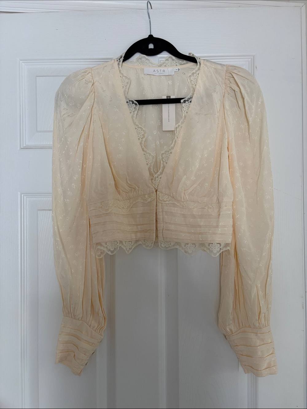 ASTR The Label Lace-Trim Puff Sleeve Crop Blouse